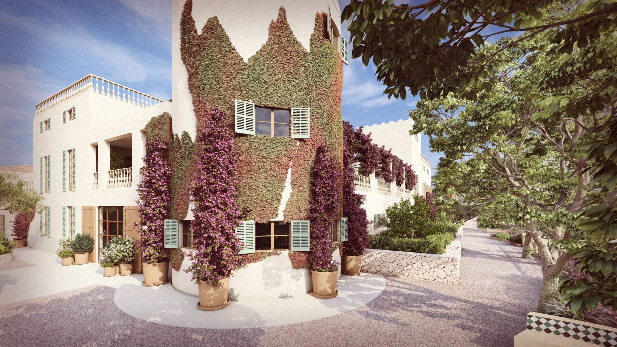 Luxurious building facade adorned with vibrant greenery and flowering plants, set in a serene outdoor landscape.