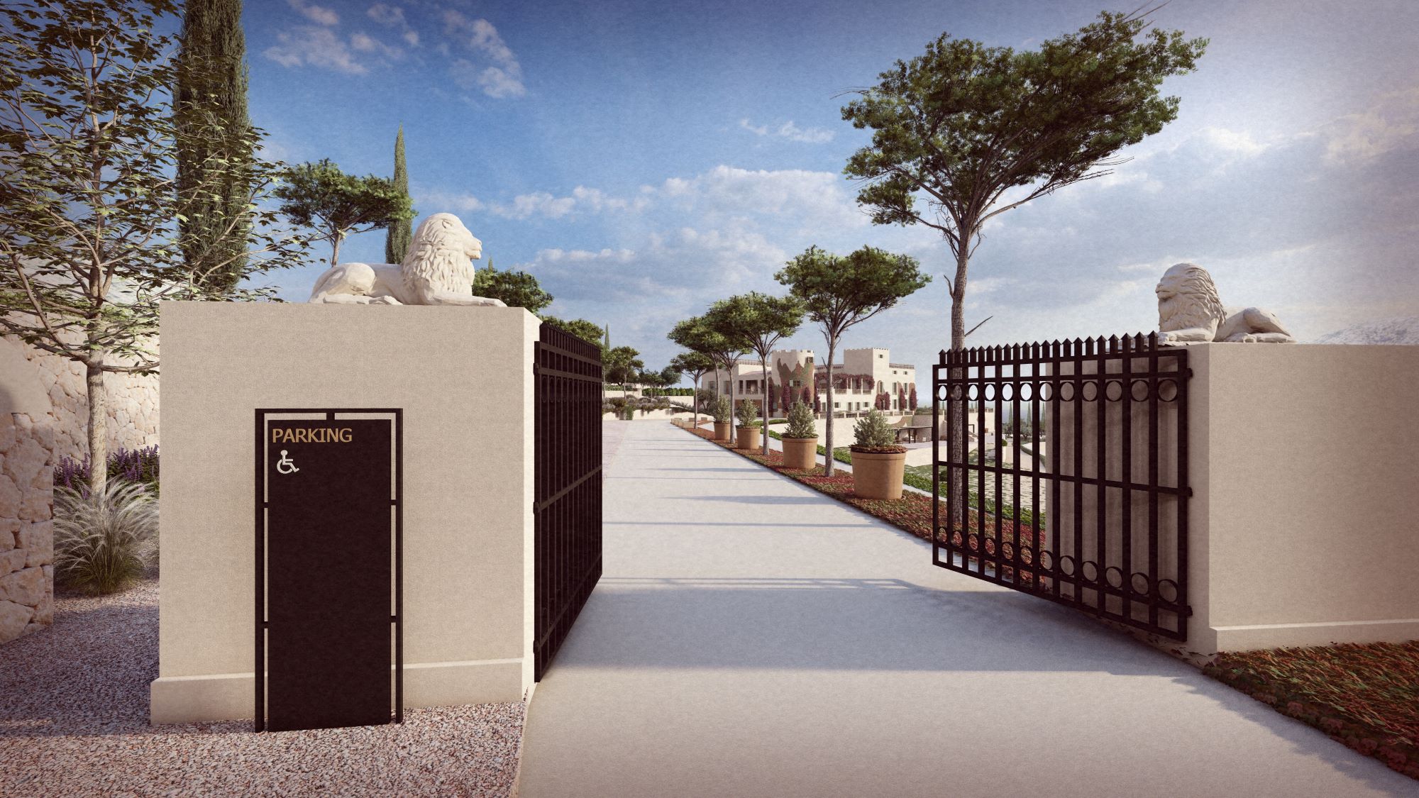 Entrance to a luxury landscape featuring a parking area, decorative gates, and landscaped pathways lined with trees.