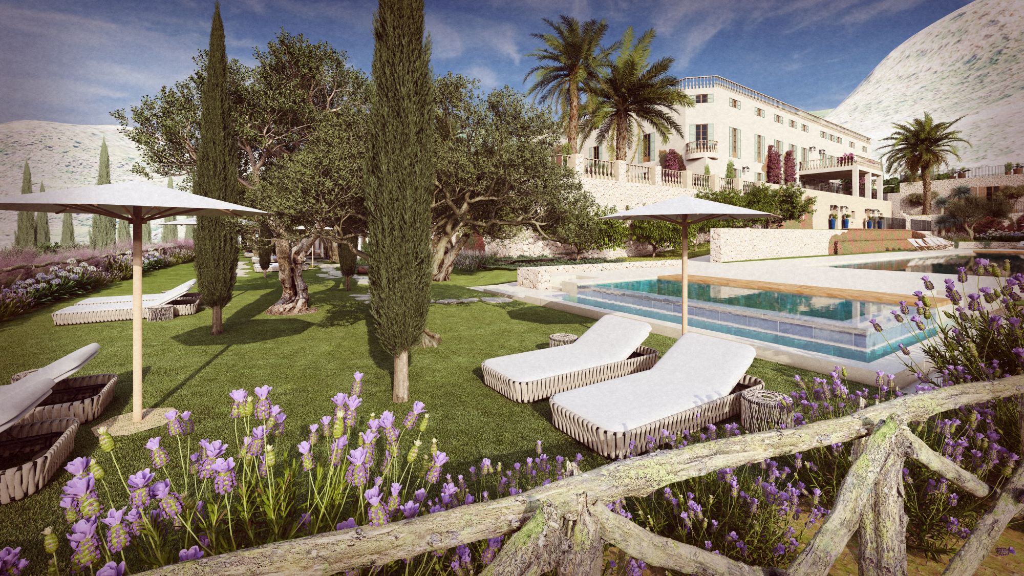 Luxurious landscaped garden featuring loungers, palm trees, lavender flowers, and a pool near a modern villa.