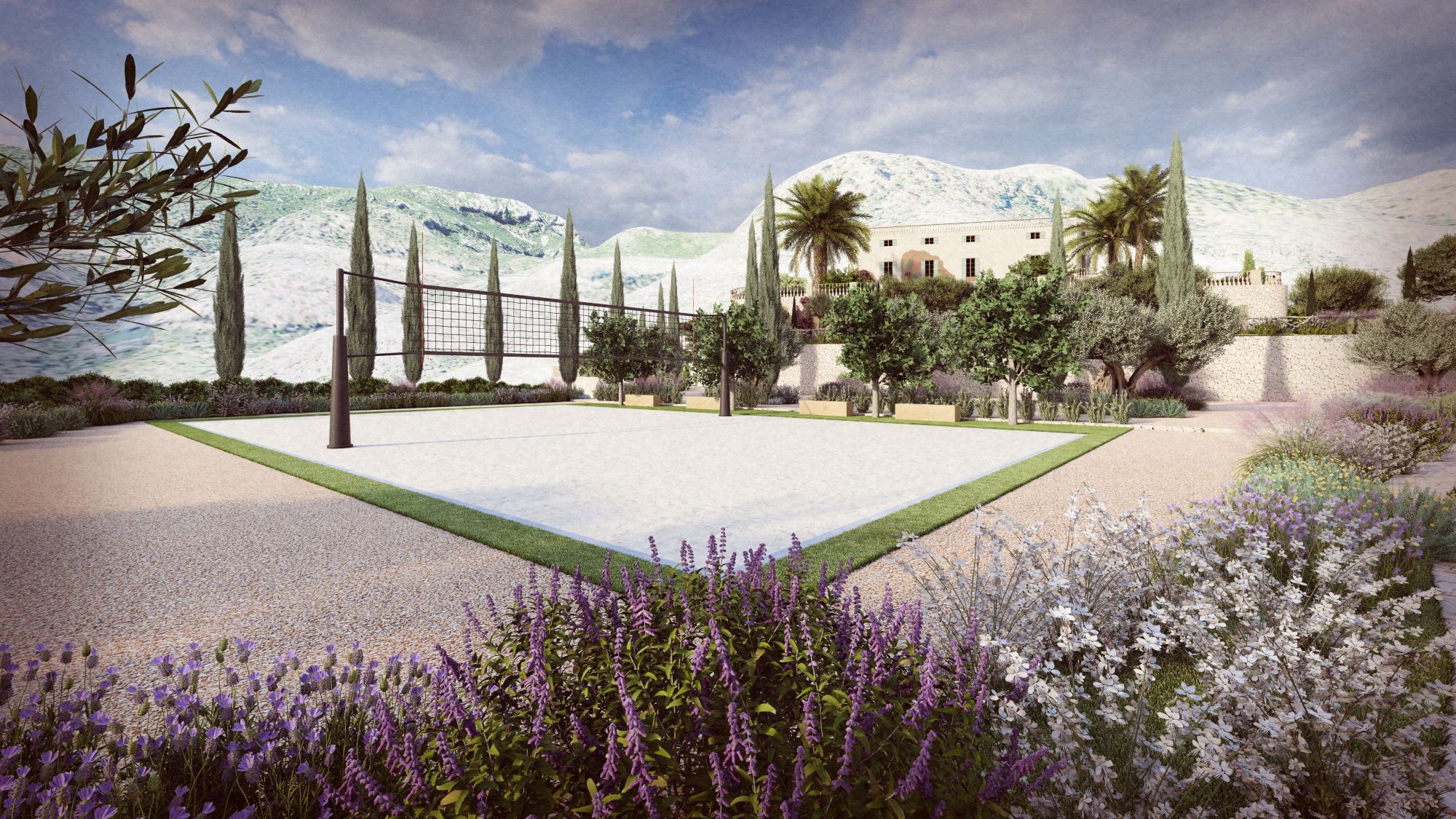 A landscaped garden featuring a volleyball court surrounded by blooming flowers and cypress trees, with mountains in the background.